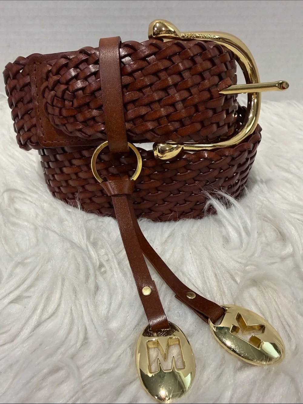 MICHAEL Kors Braided Leather Belt in Brown with Gold Buckle